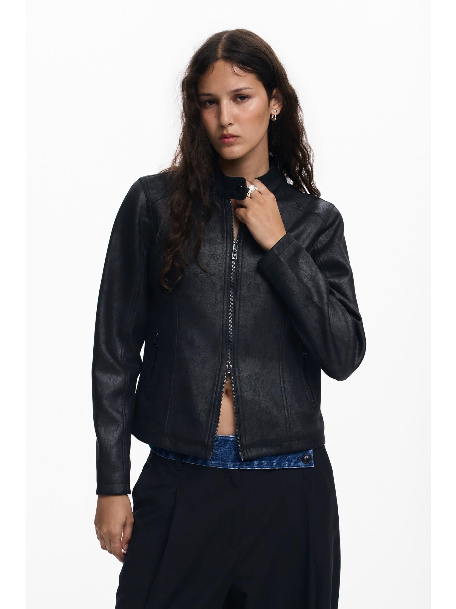 Desigual Giacca Donna Effetto Pelle Combinata Nera 25WWEW43 2000 DESIGUAL