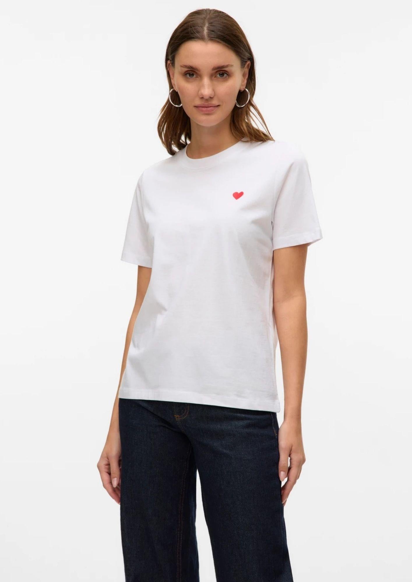 Vero Moda T-Shirt Donna Paulina Bianca Con Cuore Rosso 10316991 Bright White Red Heart VERO MODA