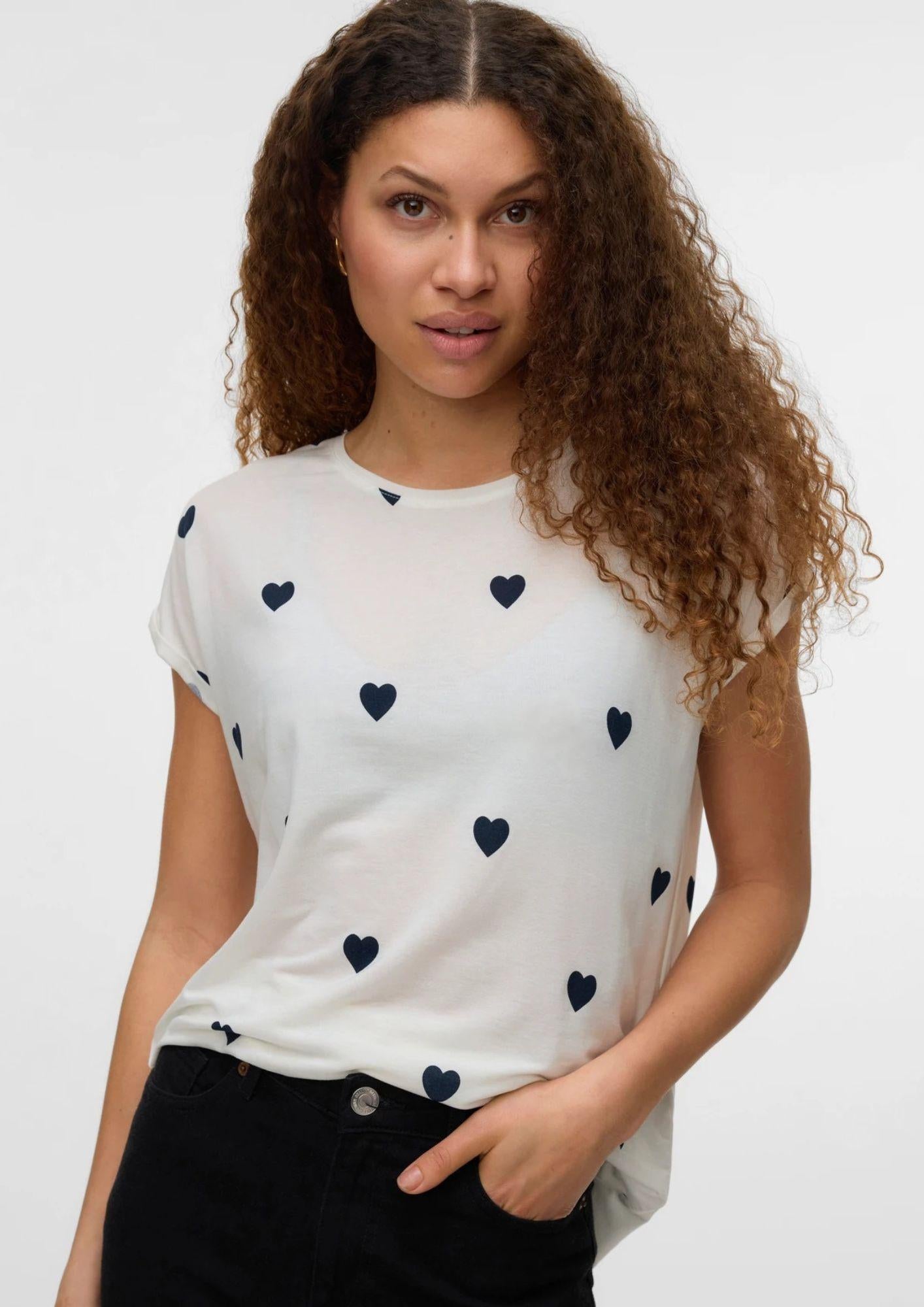 Vero Moda T-Shirt Donna Ava Bianca Cuori Blu 10214302 Snow White NAVY BLAZER VERO MODA