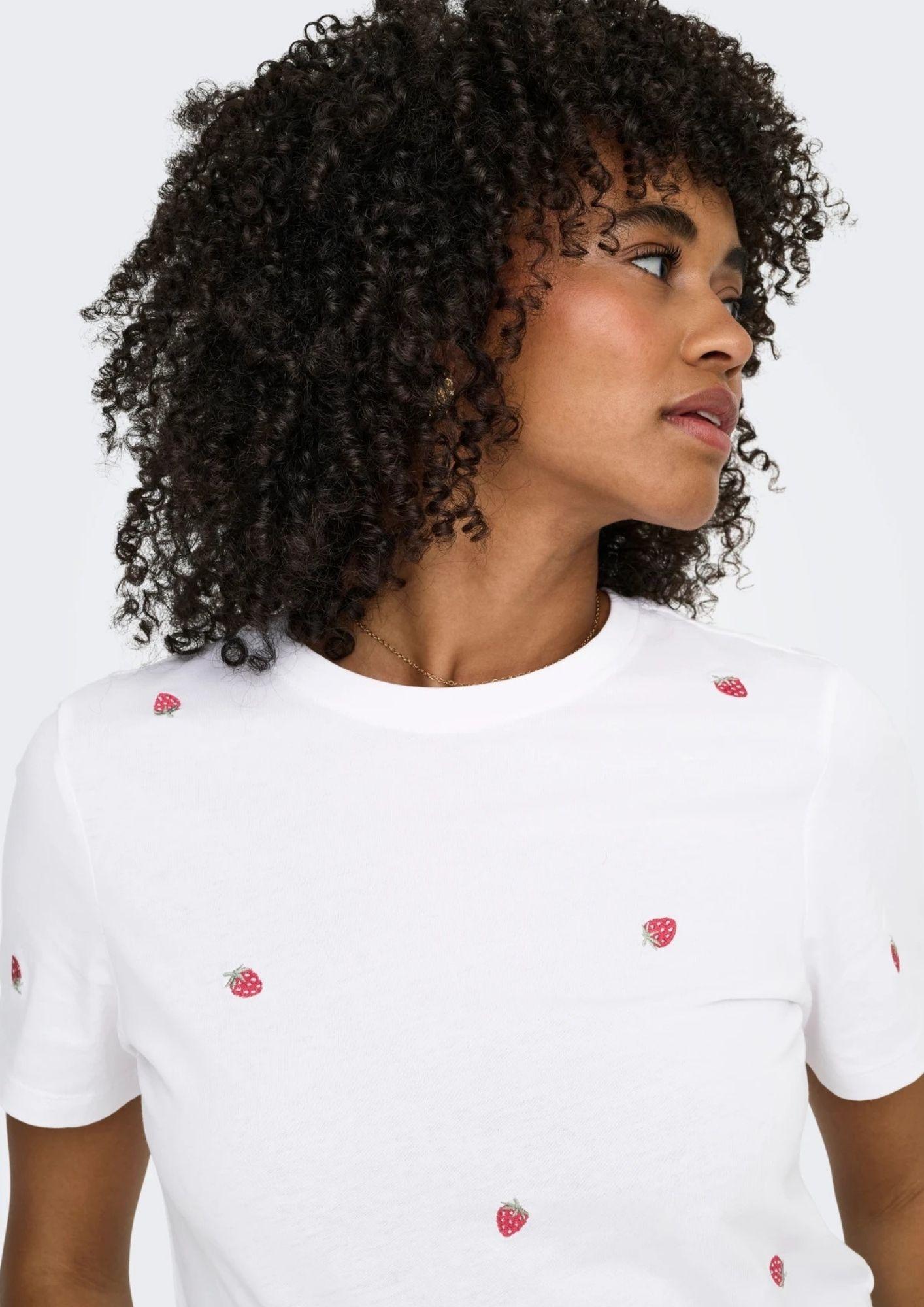 Only T-Shirt Donna Ketty Bianca con Fragole 15288473 Bright White Strawberry ONLY