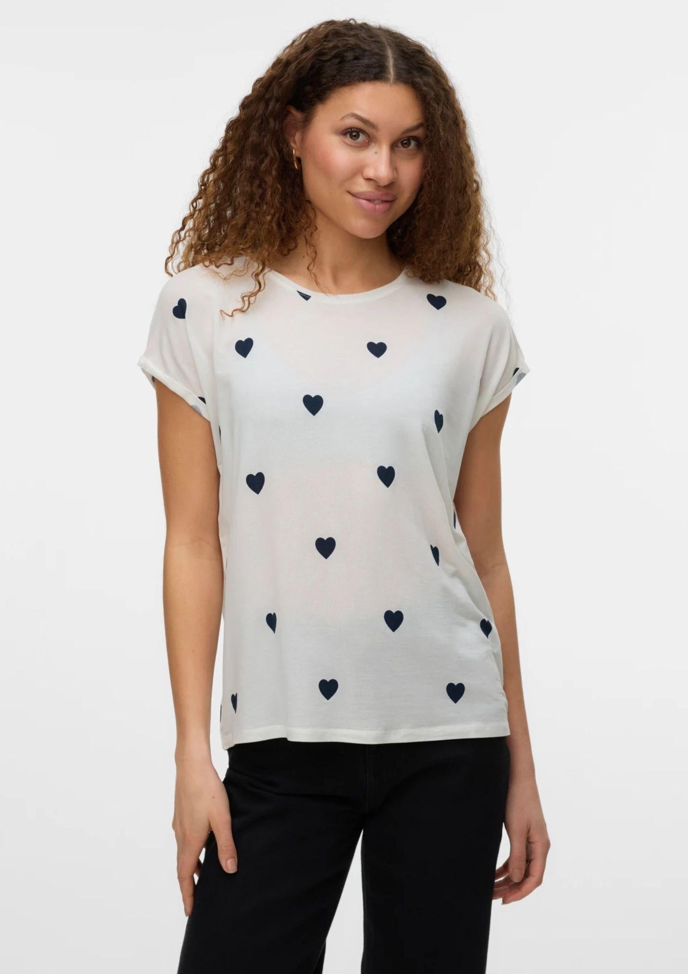 Vero Moda T-Shirt Donna Ava Bianca Cuori Blu 10214302 Snow White NAVY BLAZER VERO MODA