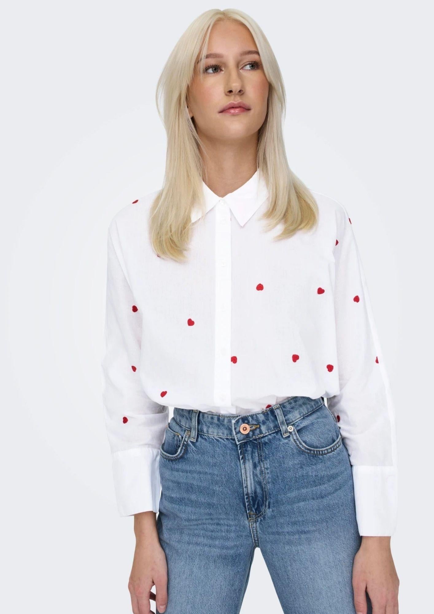 Only Camicia Donna New Bianca Cuori Rossi 15283743 Bright White HEART ONLY