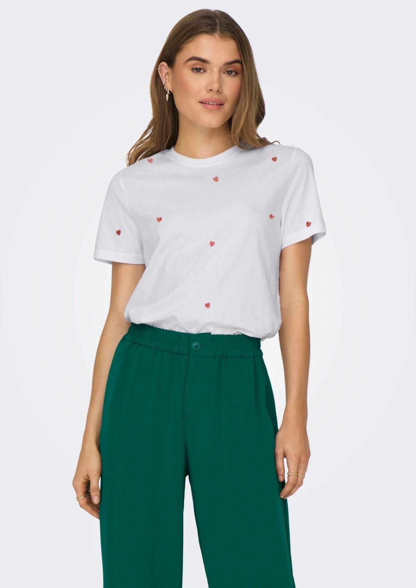 Only T-Shirt Donna Ketty Bianca con Cuori 15288473 Bright White Heart ONLY
