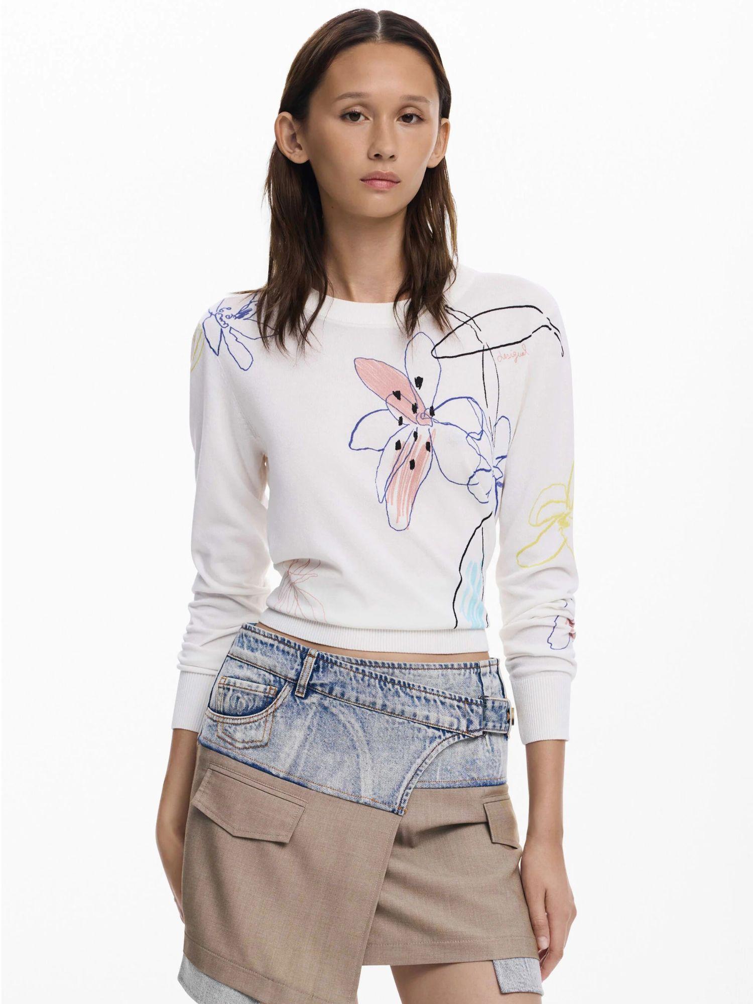 Desigual Maglione leggero con tratti floreali Donna Bianco 25WWJF33 1000 DESIGUAL