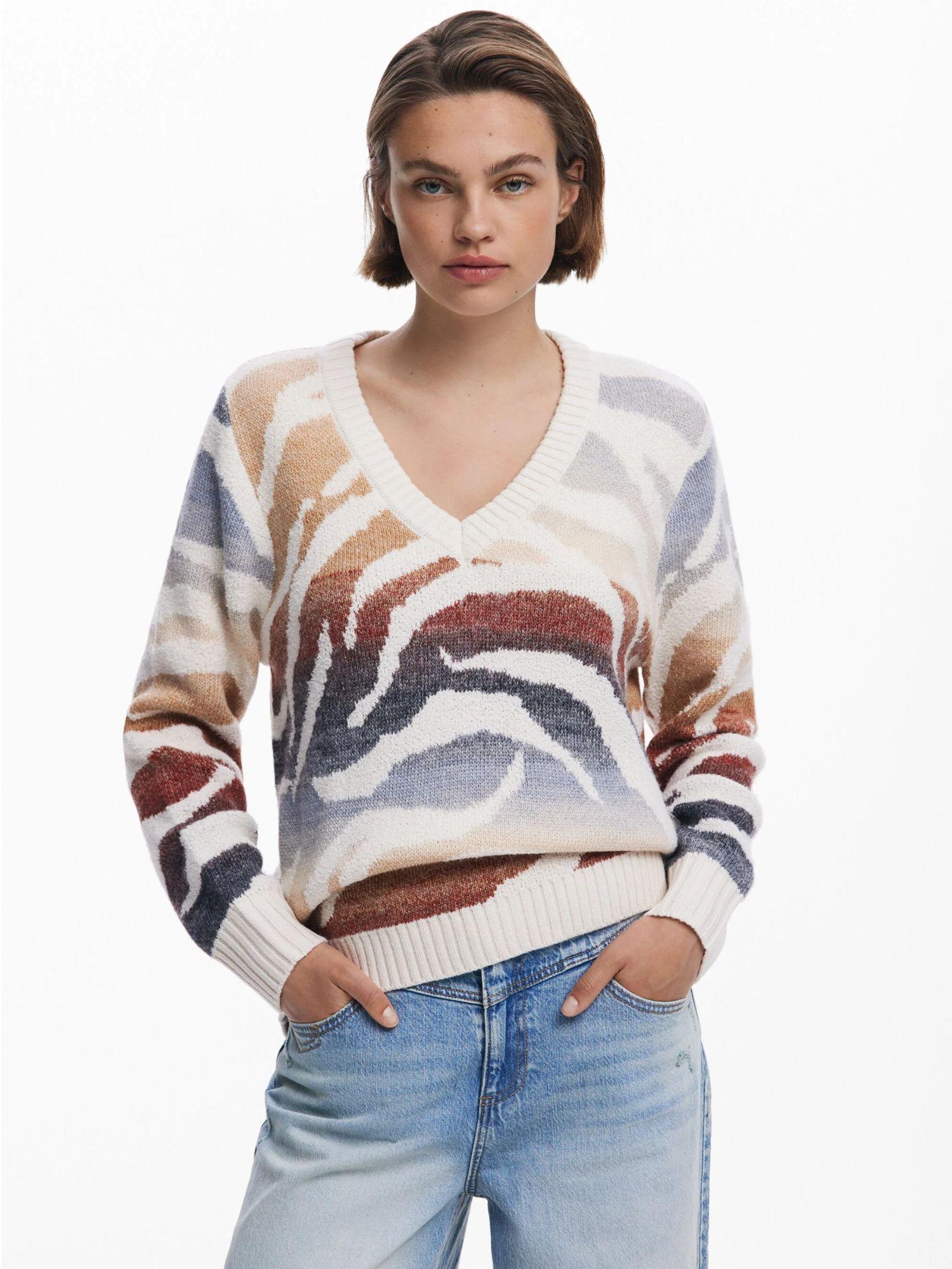 Desigual Maglione zebrato con scollo a V Donna Bianco 25WWJF21 1011 DESIGUAL