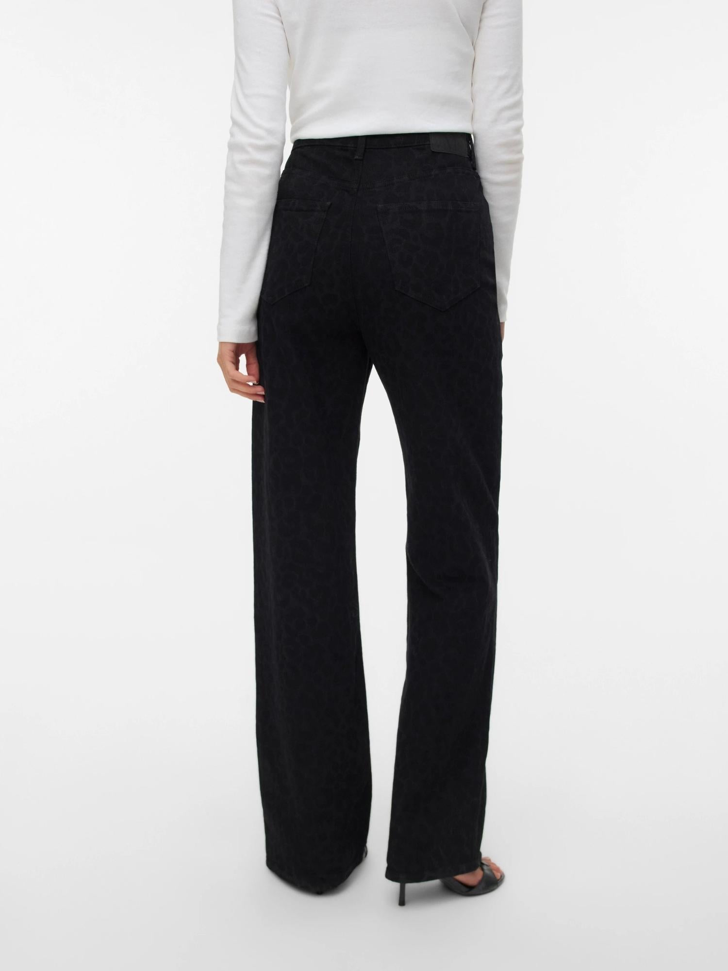 Vero Moda Jeans Donna Tessa A Vita Alta Wide Leg Fit Black Denim Leopard 10336058 Black VERO MODA