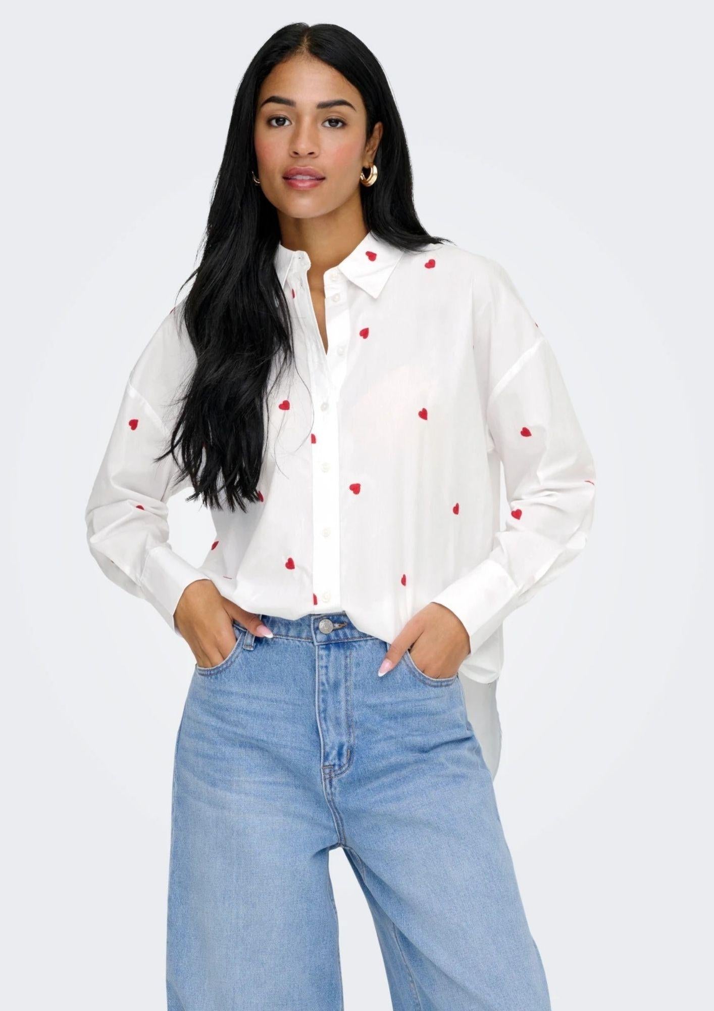 Jacqueline De Yong Camicia Donna Nelly Bianca Cuori Rossi 15330490 White HEART EMBROIDERY JACQUELINE DE YONG