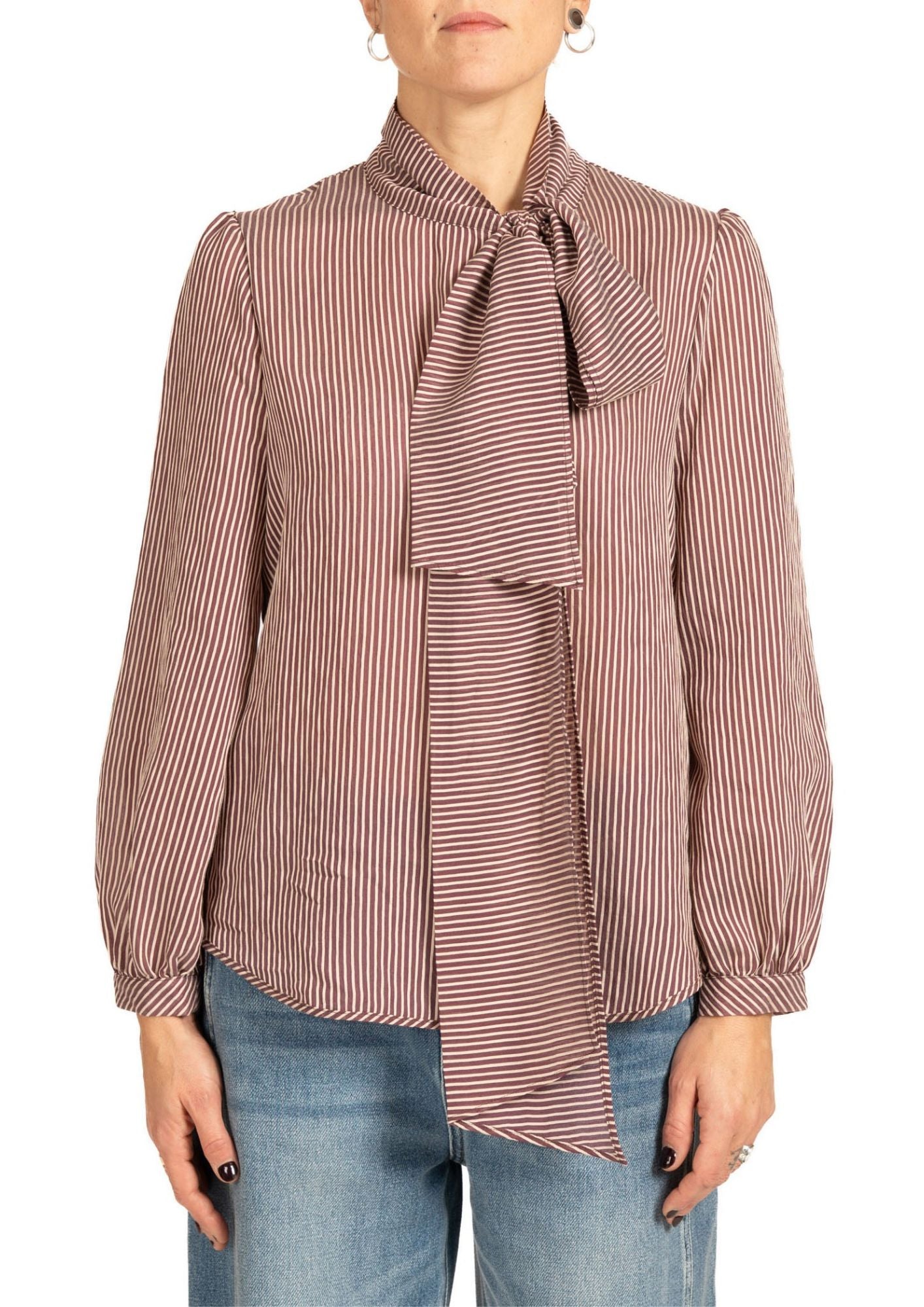Blusa Donna a Righe con Fiocco al Collo Bordeaux e Bianco 2098R003193N 1 DIANA GALLESI 
