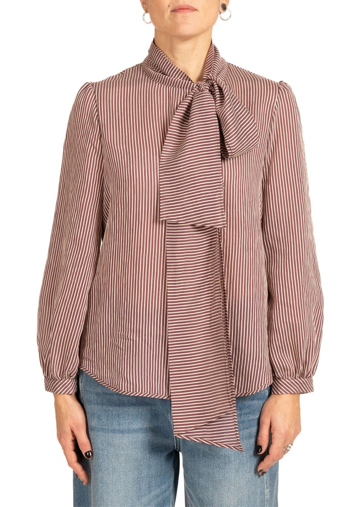 Blusa Donna a Righe con Fiocco al Collo Bordeaux e Bianco 2098R003193N 1 DIANA GALLESI 