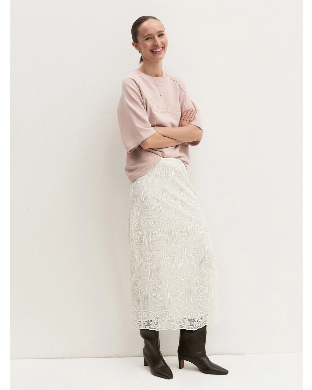 Gonna pencil in tulle ricamato Bianco lana 2625106014200 001 EMME MARELLA 