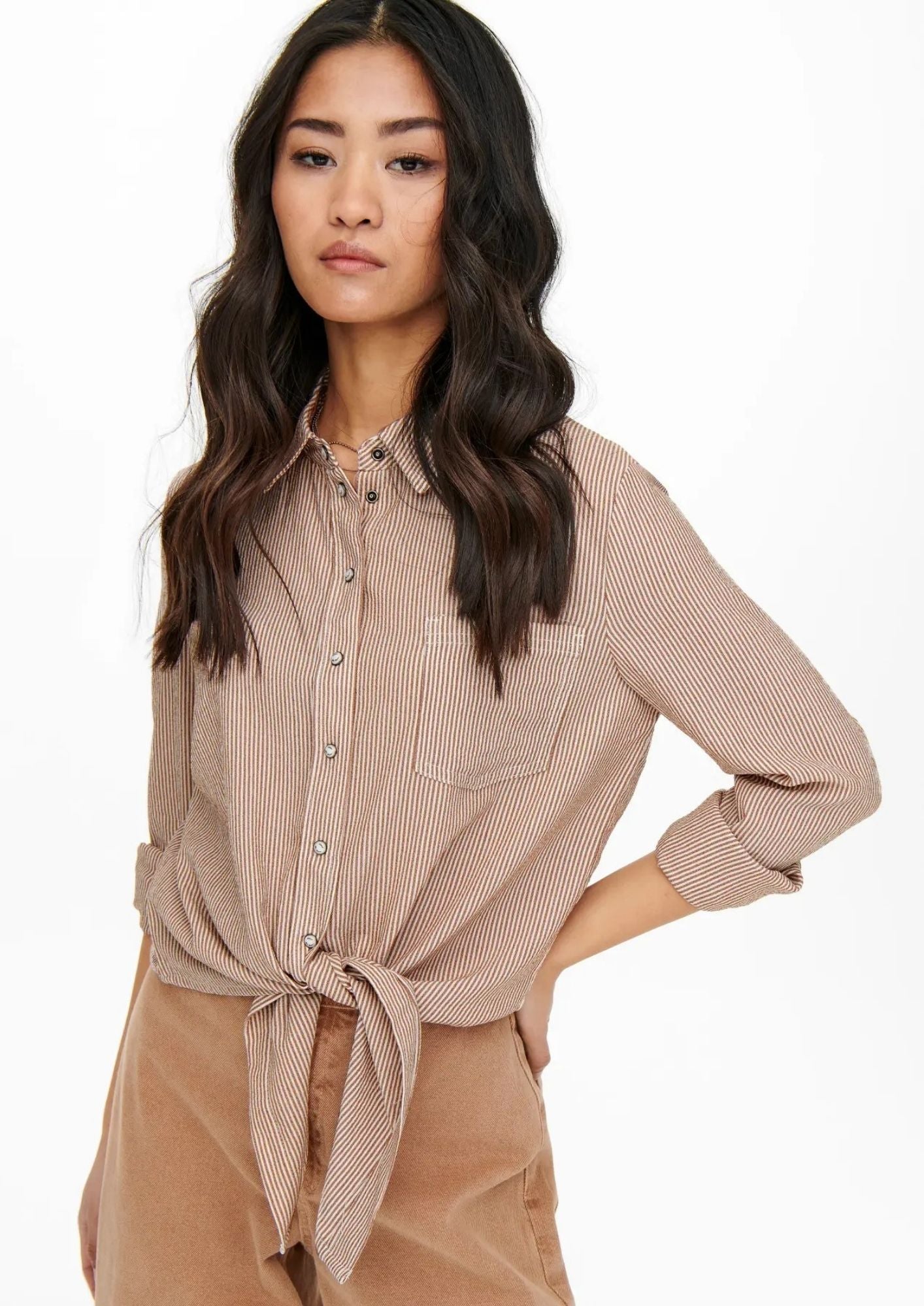 Only Camicia Donna Lecey Marrone Linee Bianche 15195910 Toasted Coconut ONLY 