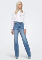 Only Camicia Donna New Bianca Cuori Rossi 15283743 Bright White HEART ONLY 