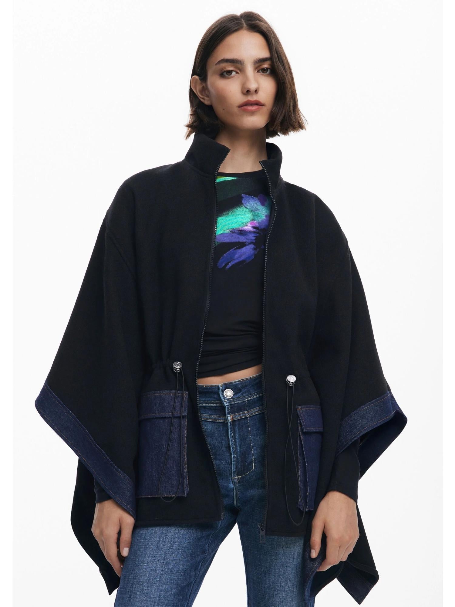 Desigual Poncho in denim combinato Donna Nero - Santangelo
