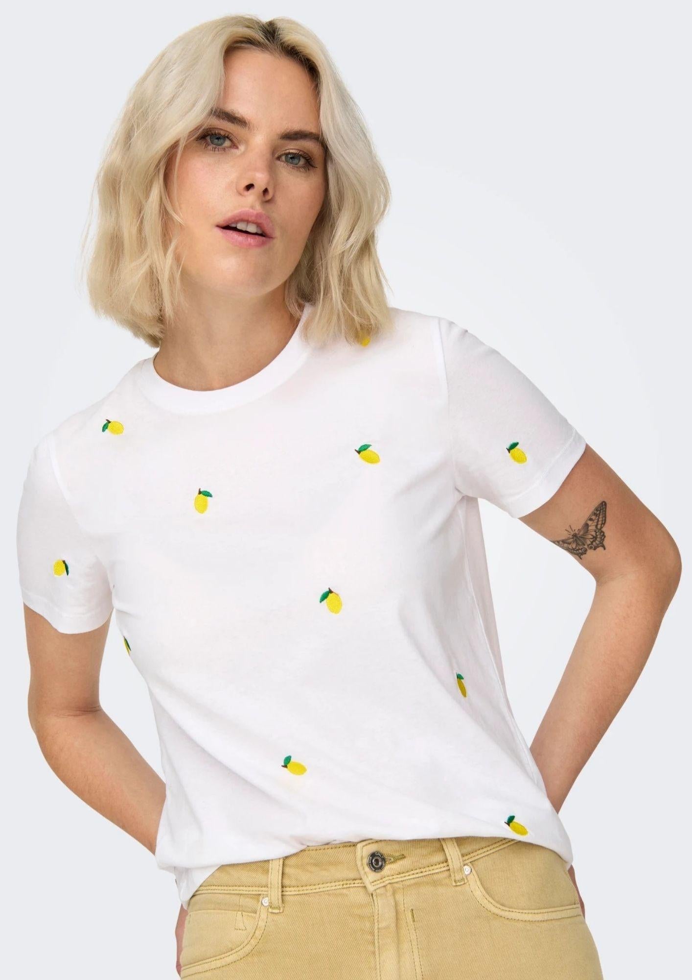 Only T-Shirt Donna Ketty Bianca con Limoni 15288473 Bright White Lemon ONLY 