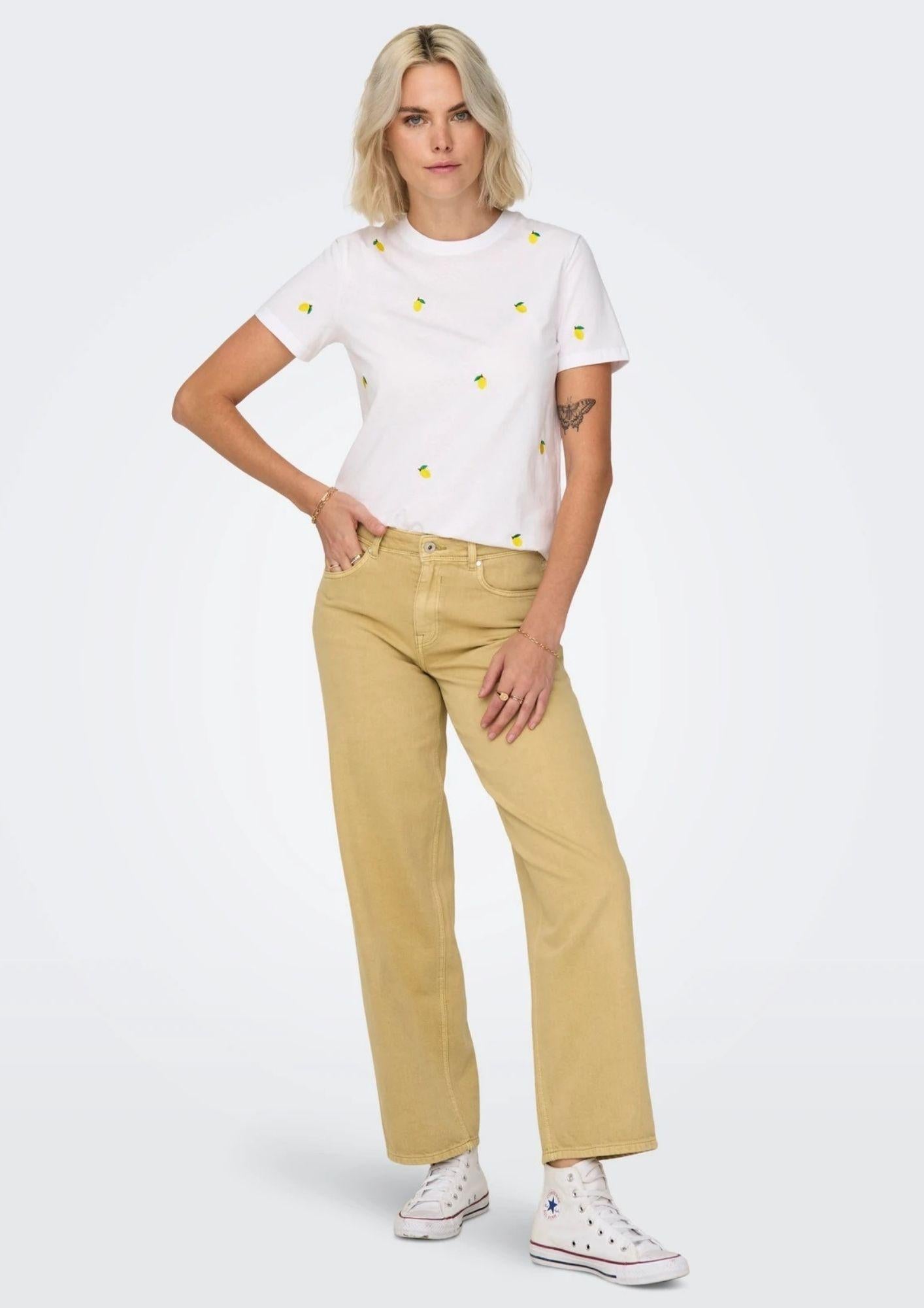 Only T-Shirt Donna Ketty Bianca con Limoni 15288473 Bright White Lemon ONLY 