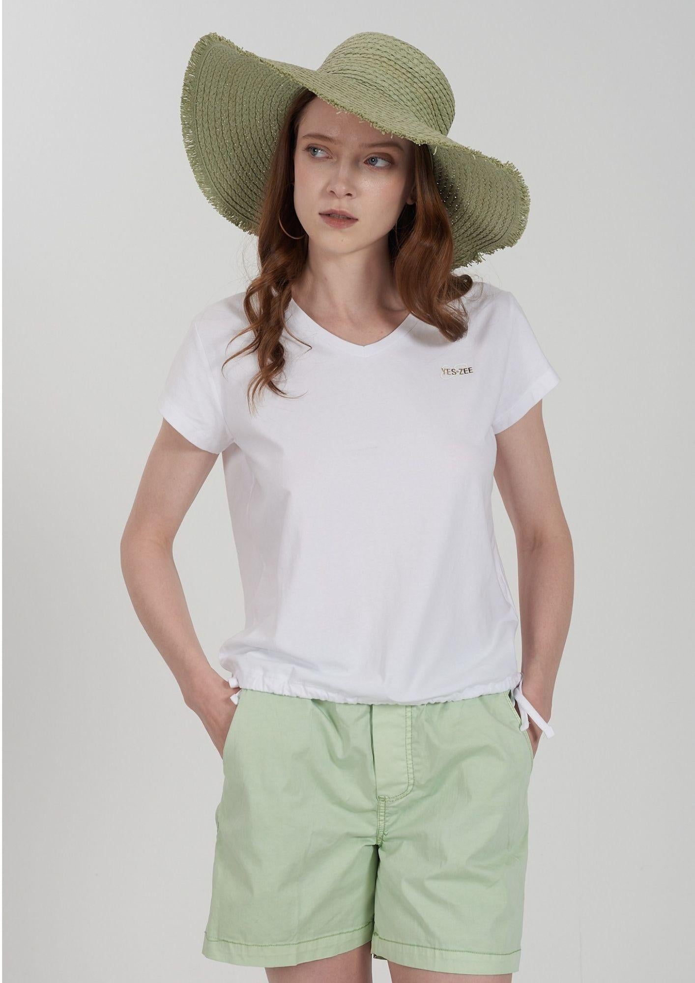 Yes Zee T-Shirt Donna Scollo a V Coulisse Sul Fondo Bianco Gesso T270 S700 0107 YES ZEE 