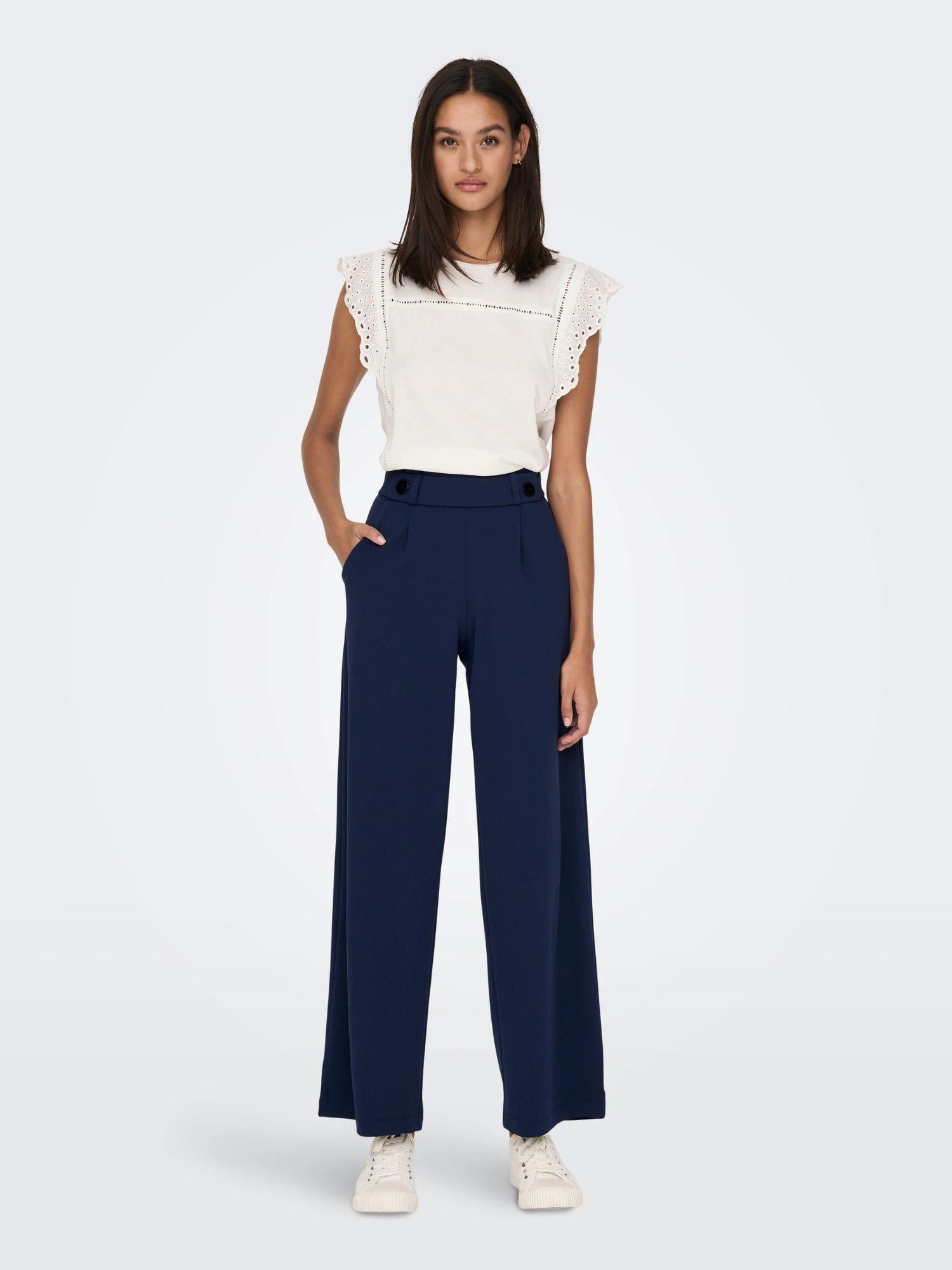 Jacqueline De Yong Pantaloni A Gamba Larga Donna Geggo Wide Leg Fit Black Iris 15208430 Black Iris BLACK BUTTONS JACQUELINE DE YONG 