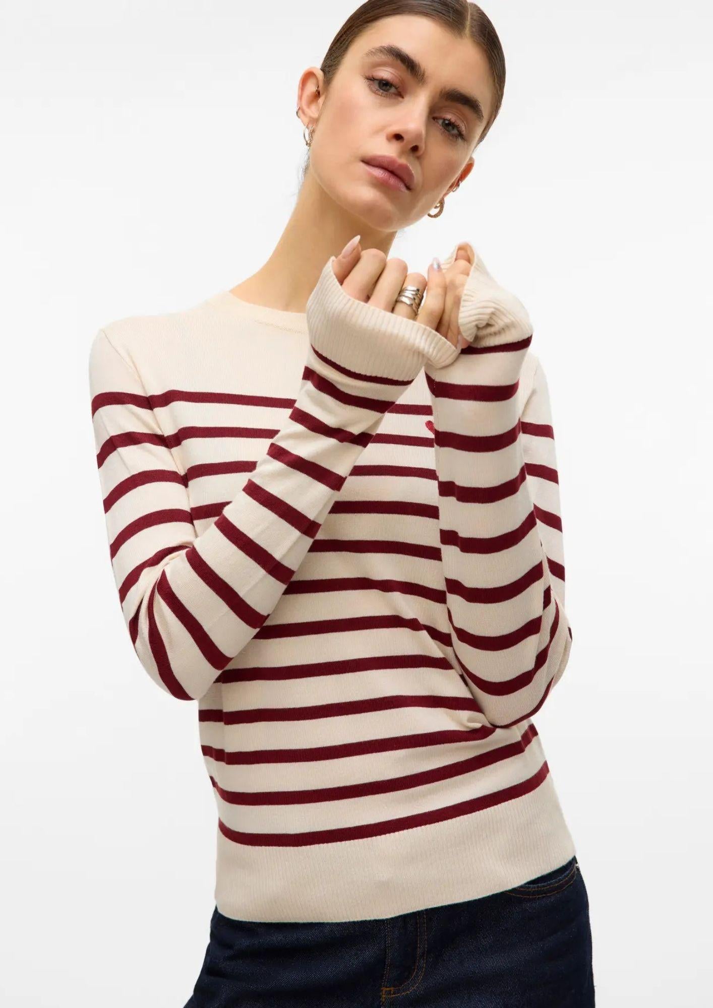 Vero Moda Pullover Donna Dory Beige e Bordeaux 10331420 Birch W. SYRAH STRIPE VERO MODA 