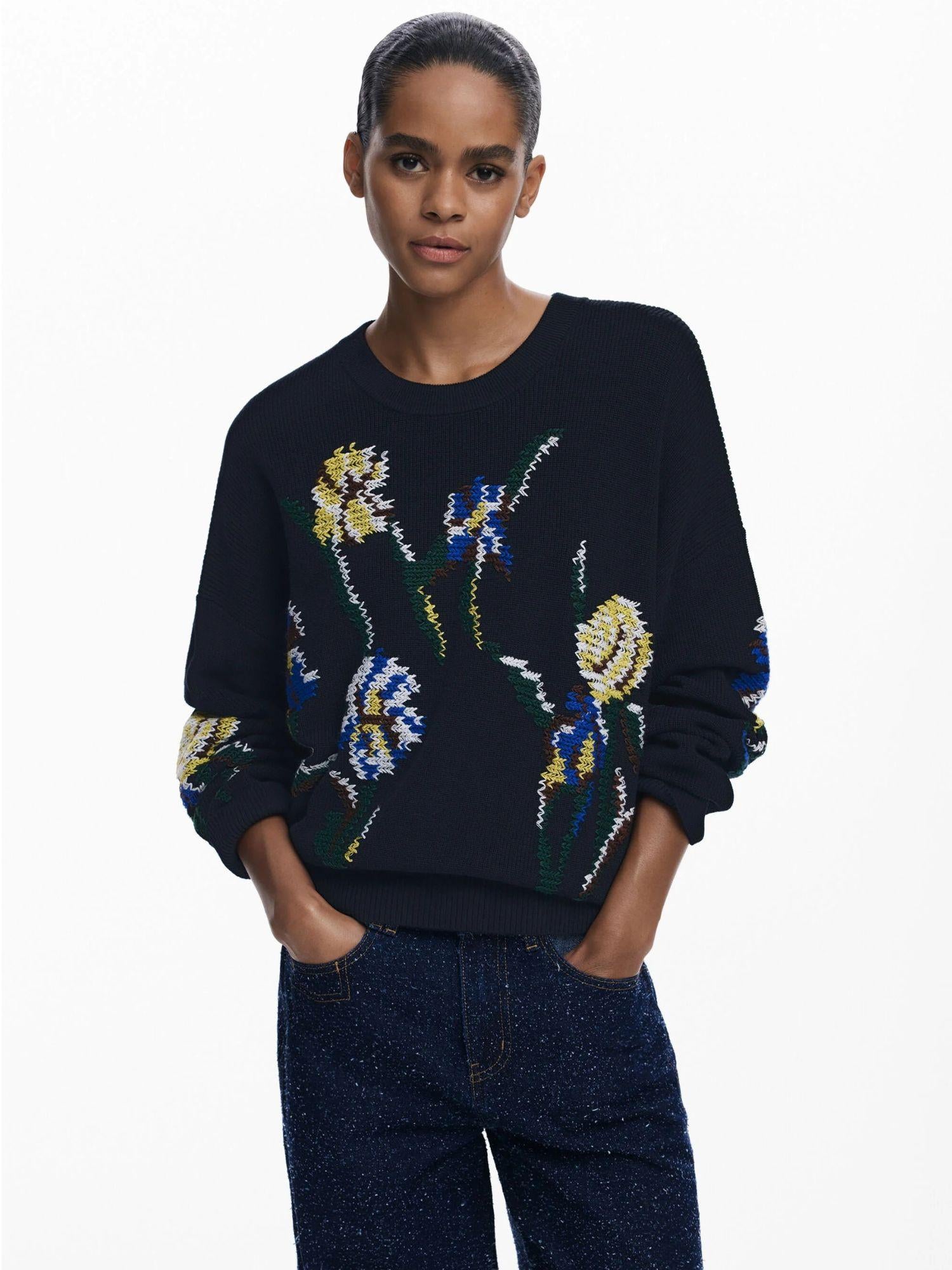 Desigual Maglione jacquard con fiori ricamati Donna Nero 25WWJF36 2000 DESIGUAL 