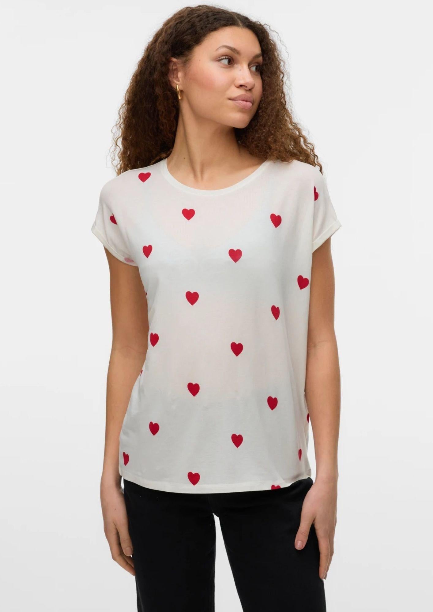Vero Moda T-Shirt Donna Ava Bianca Cuori Rossi 10214302 Snow White RED SALSA VERO MODA 