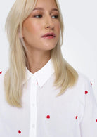 Only Camicia Donna New Bianca Cuori Rossi 15283743 Bright White HEART ONLY 
