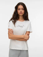 Vero Moda T-Shirt Donna Kilano Bianca Stampa Black Happy 10340971 Snow White BLACK HAPPY VERO MODA 