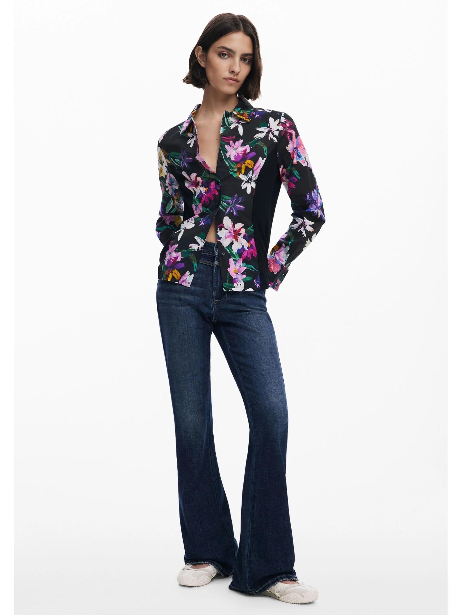Desigual Camicia a fiori silhouette combinata Donna Nero 25WWCW15 2000 DESIGUAL 