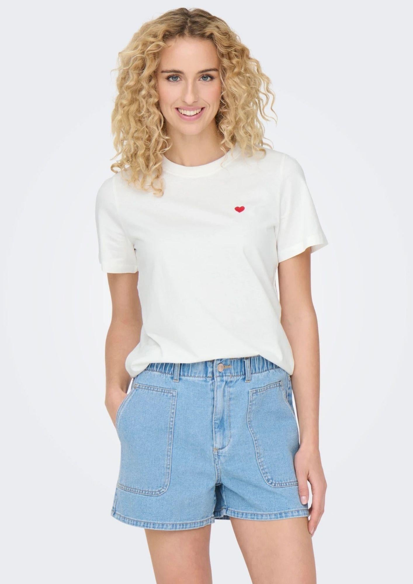 Jacqueline De Yong T-Shirt Donna Pisa Bianca con Cuore 15298612 Cloud Dancer BITTERSWEET HEART JACQUELINE DE YONG 