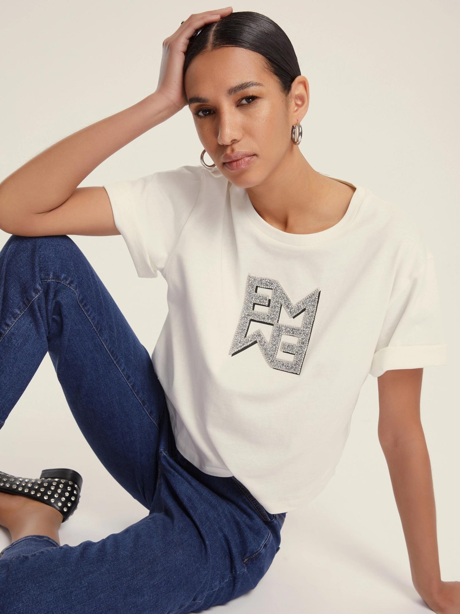 Emme Marella T-shirt Donna in jersey con cristalli Micaelabis Panna Argento 2525976021200 007 EMME MARELLA 