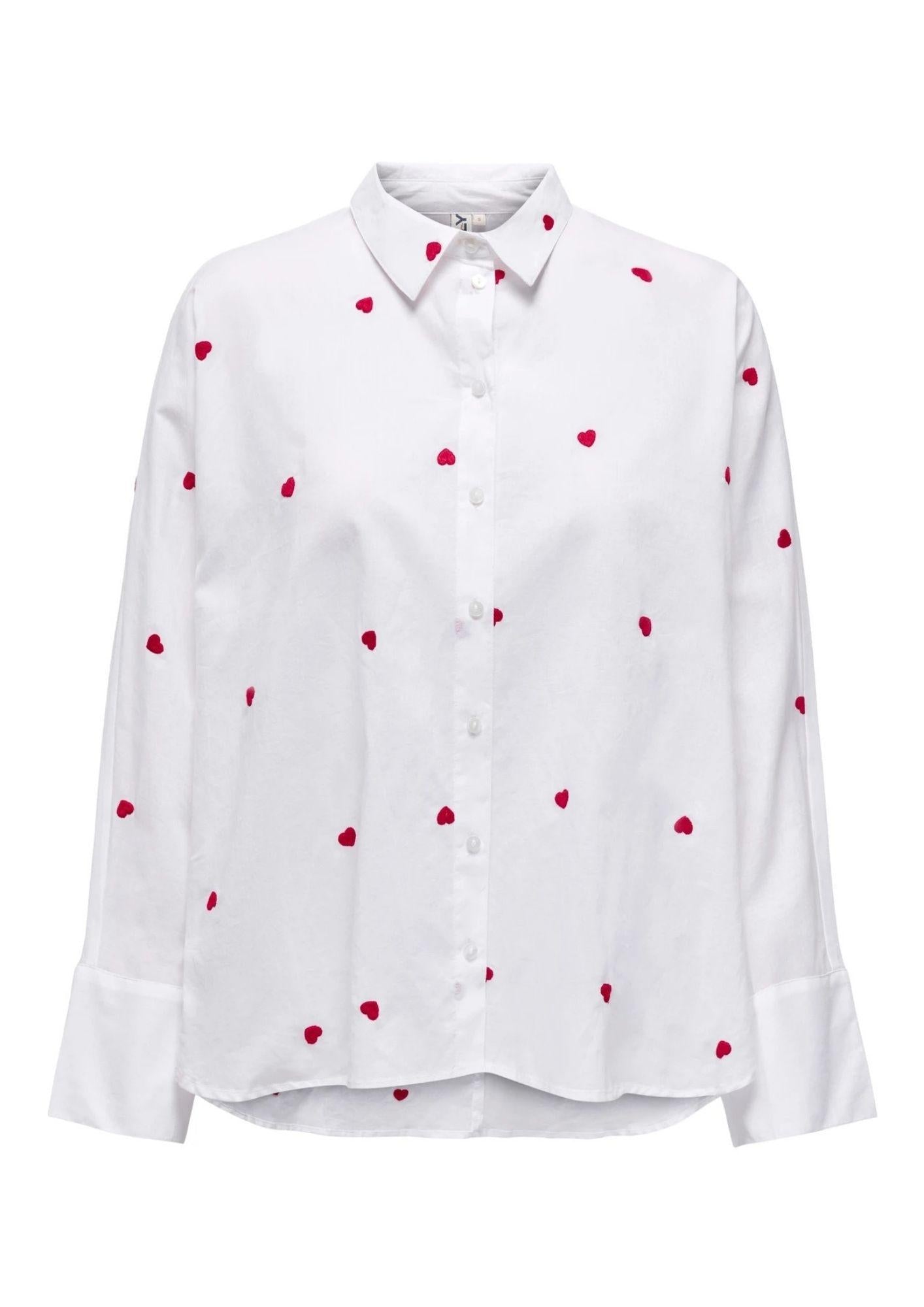 Only Camicia Donna New Bianca Cuori Rossi 15283743 Bright White HEART ONLY 