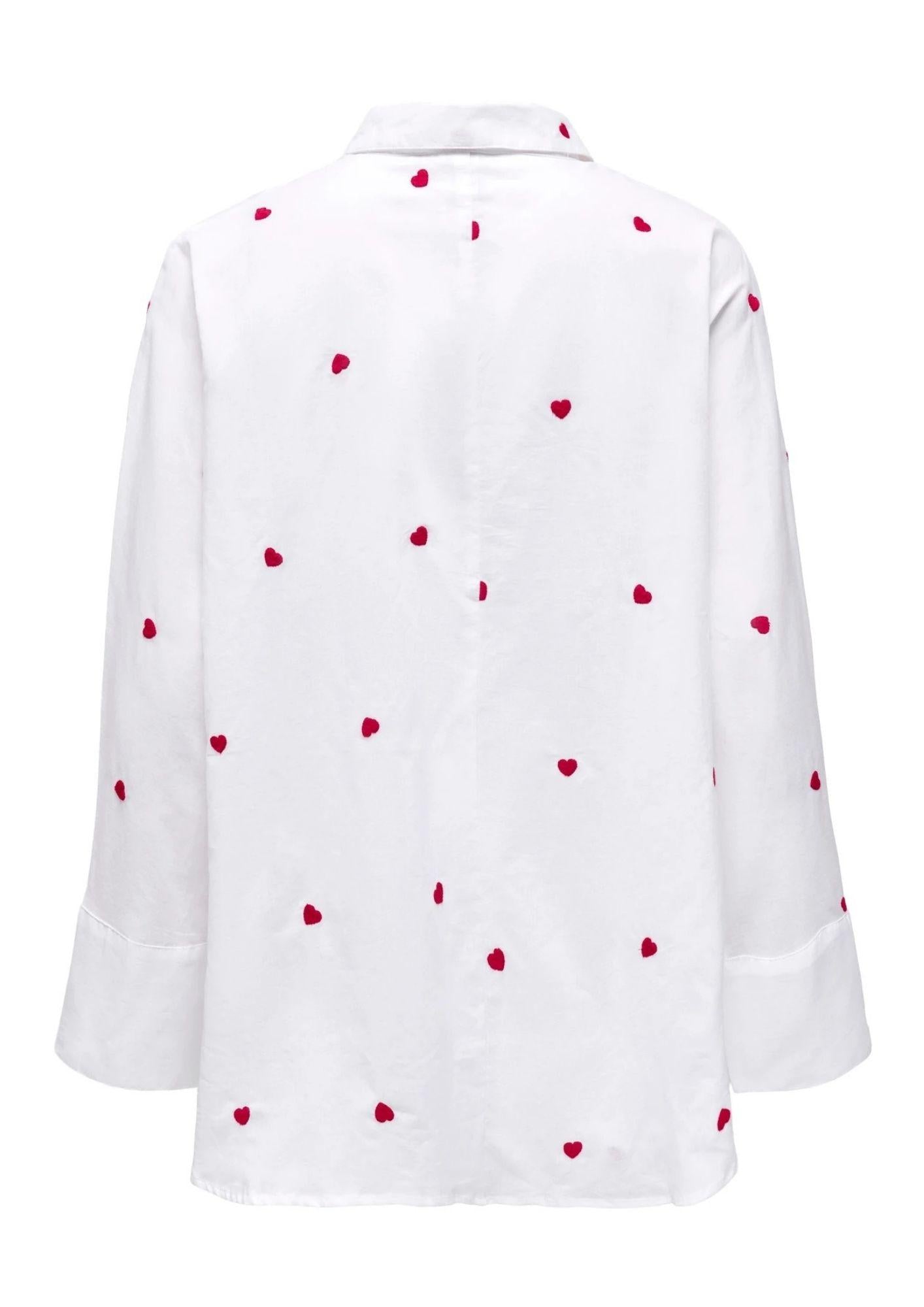 Only Camicia Donna New Bianca Cuori Rossi 15283743 Bright White HEART ONLY 