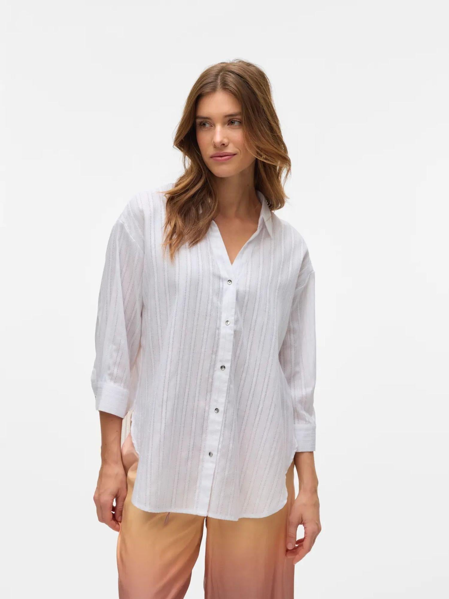 Vero Moda Camicia Donna Olla Maniche 3/4 Bright White Con Filo Lurex Argento 10329382 Bright White VERO MODA 