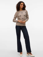 Vero Moda Maglione Donna Doffy Beige E Nero 10330790 Moon Rock W. BLACK BOWS VERO MODA 