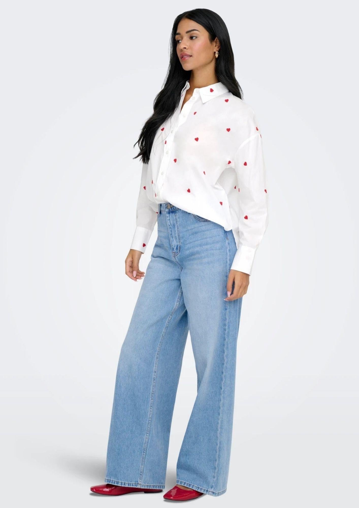 Jacqueline De Yong Camicia Donna Nelly Bianca Cuori Rossi 15330490 White HEART EMBROIDERY JACQUELINE DE YONG 