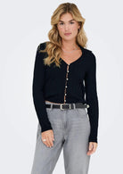 Cardigan Donna Only Meddi Nero 15352102 Black White Pearl Button ONLY 