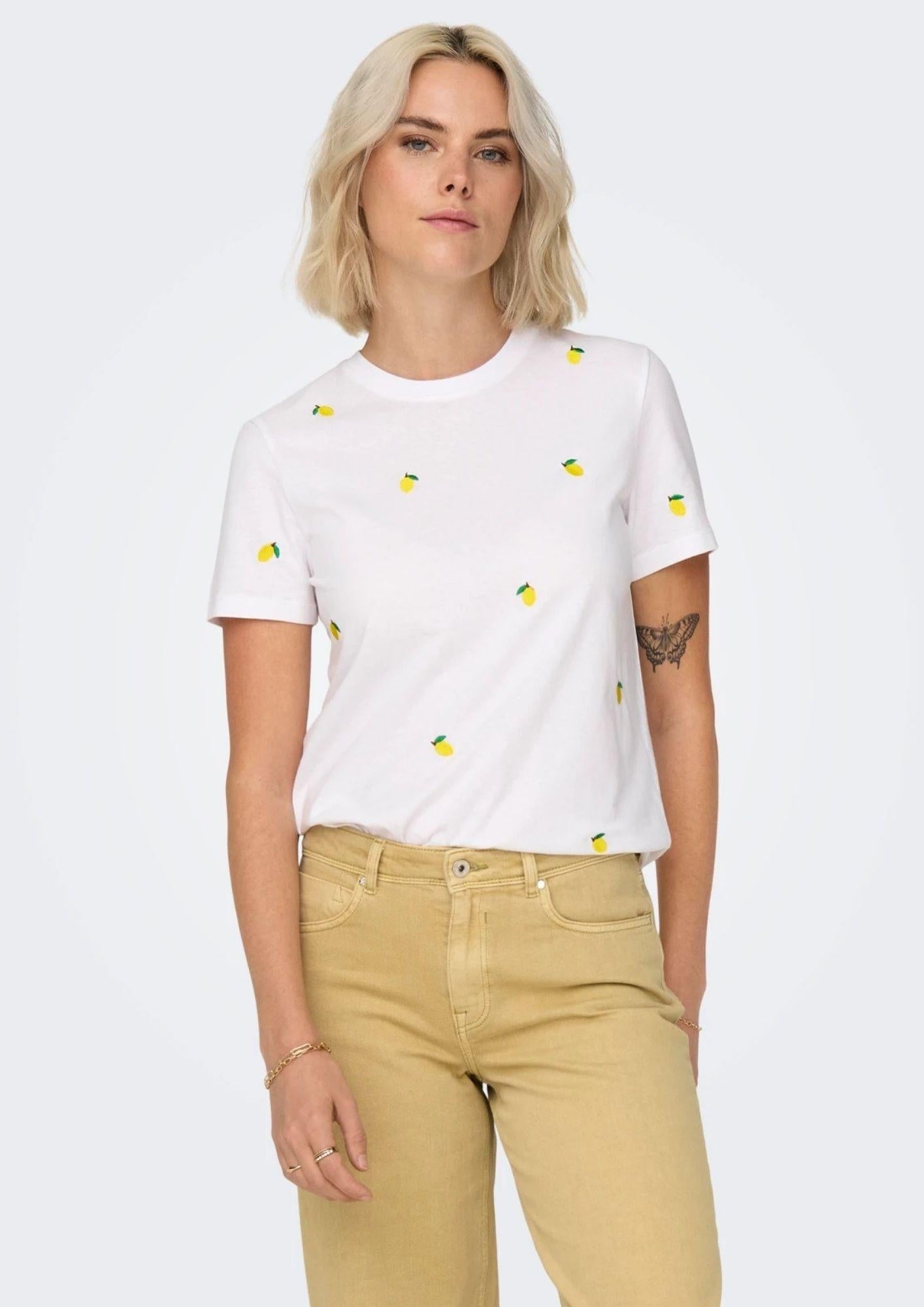 Only T-Shirt Donna Ketty Bianca con Limoni 15288473 Bright White Lemon ONLY 