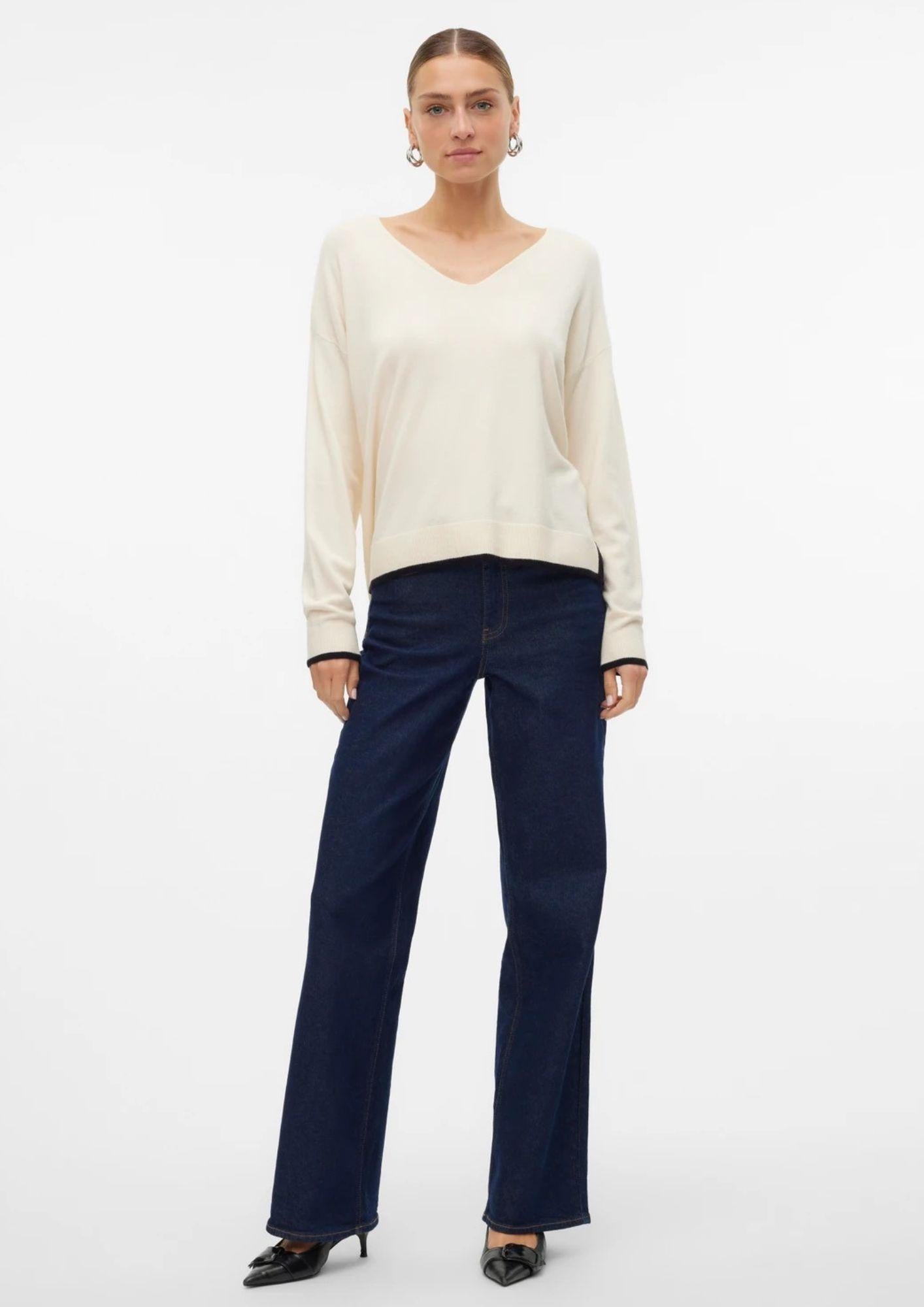 Vero Moda Maglione Donna Breeze Bianco Panna Con Dettagli Neri 10311090 Birch W. BLACK CONTRAST VERO MODA 