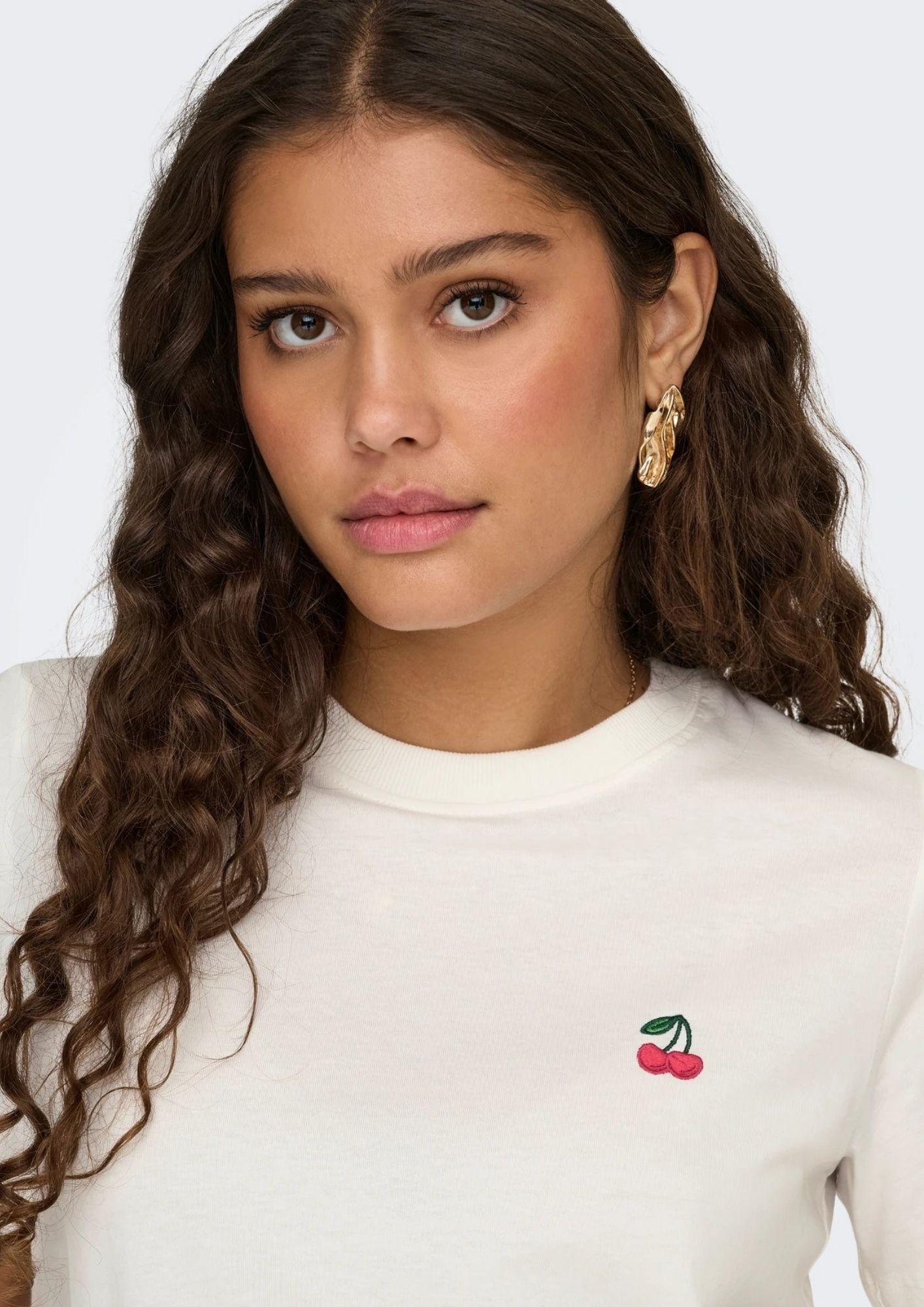 Jacqueline De Yong T-Shirt Donna Pisa Bianca con Ciliegia 15298612 Cloud Dancer CHERRY JACQUELINE DE YONG 