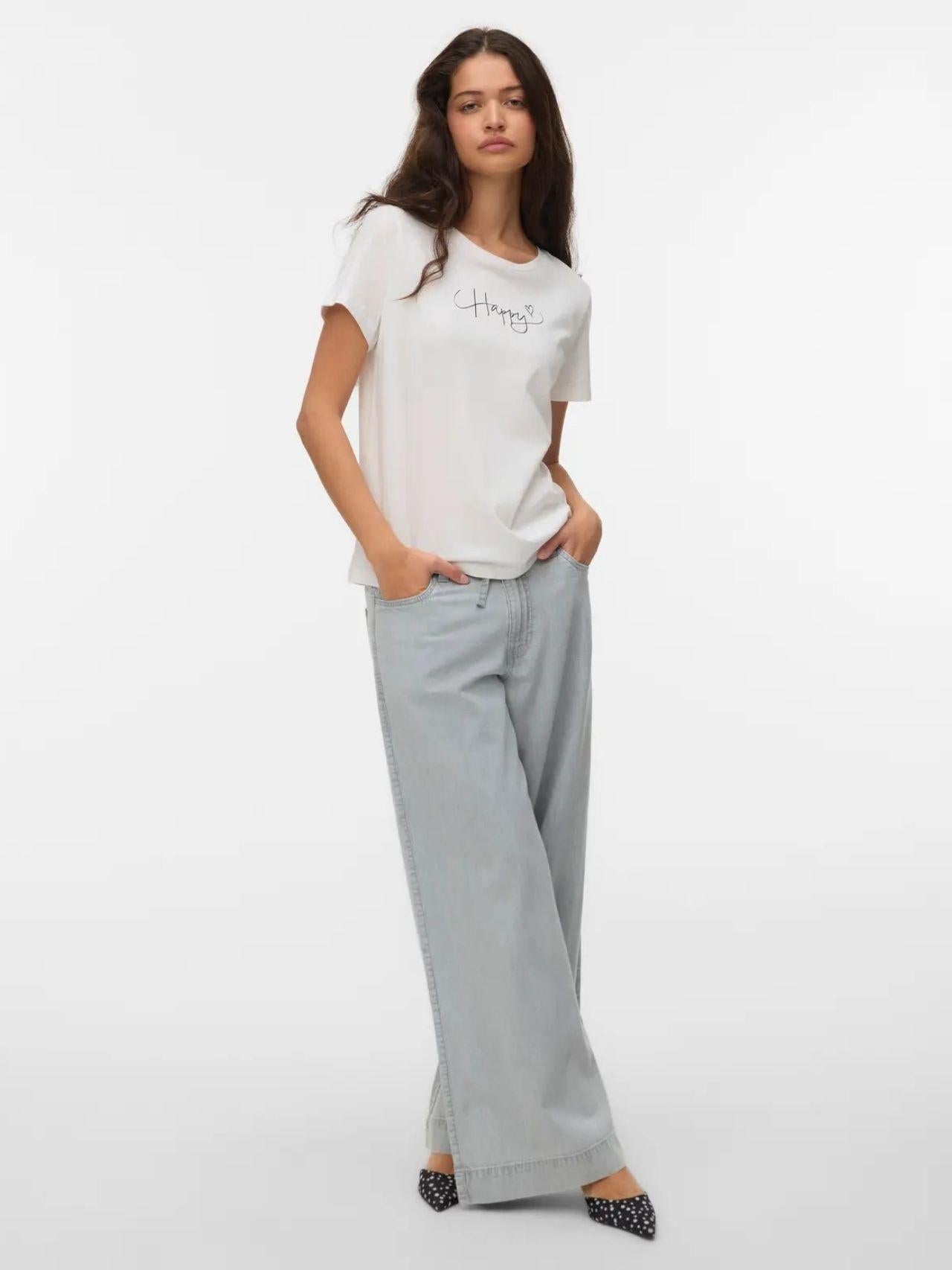 Vero Moda T-Shirt Donna Kilano Bianca Stampa Black Happy 10340971 Snow White BLACK HAPPY VERO MODA 