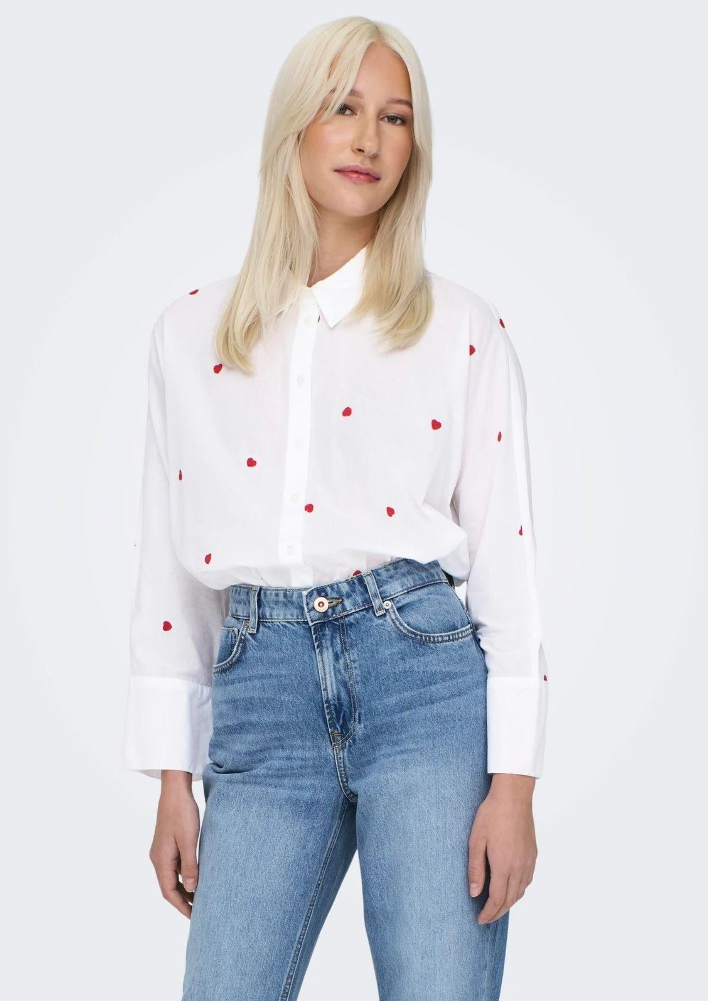 Only Camicia Donna New Bianca Cuori Rossi 15283743 Bright White HEART ONLY 