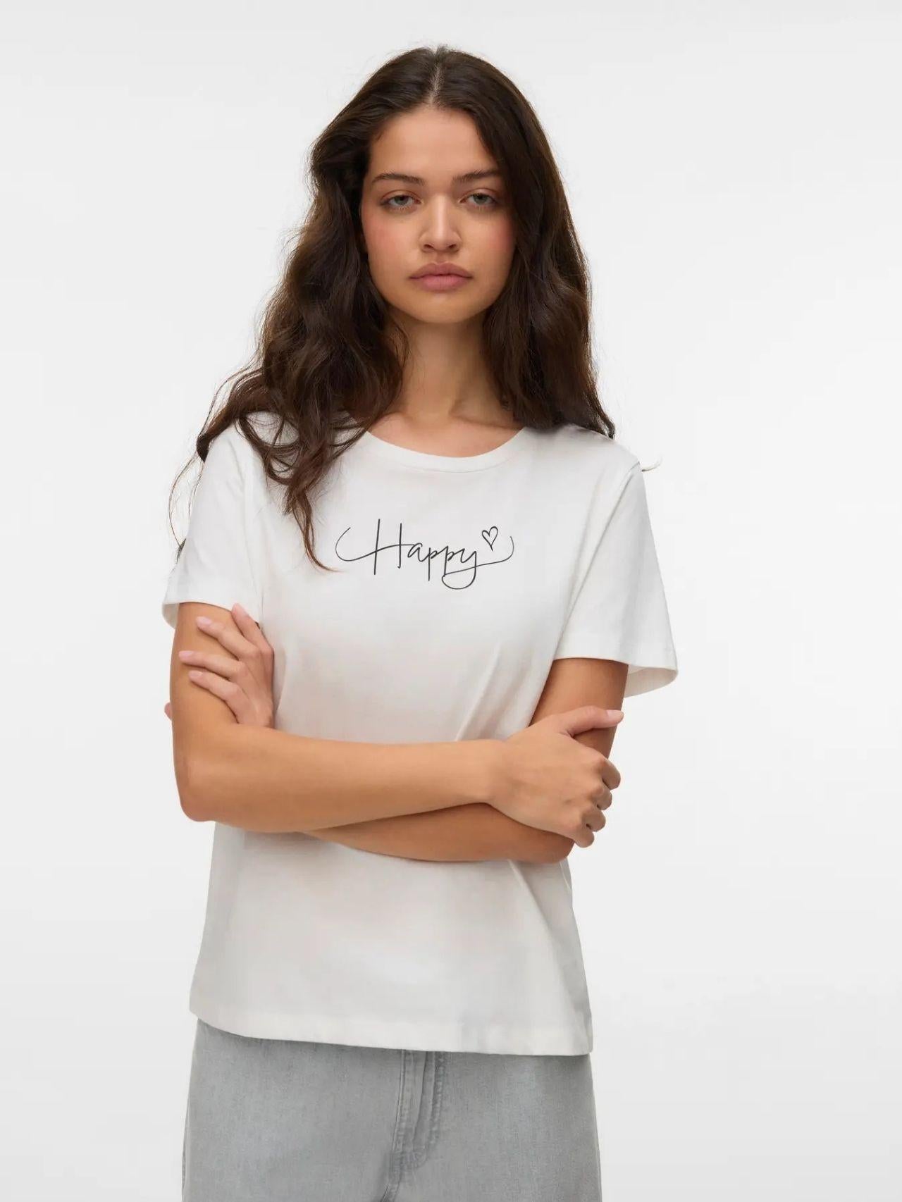 Vero Moda T-Shirt Donna Kilano Bianca Stampa Black Happy 10340971 Snow White BLACK HAPPY VERO MODA 
